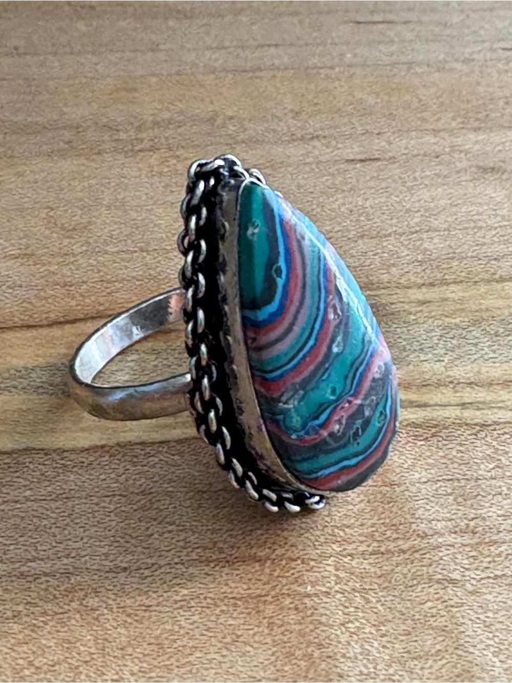 Women’s Teardrop Multicolor Stone Ring - Silver-Toned Band - Size 6.25